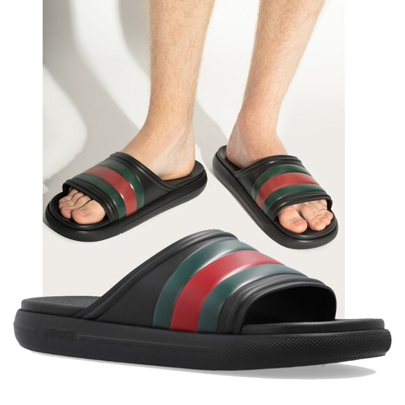 GUCCI SHOES MENS BLACK RUBBER ACE SLIDE SANDAL w WEB DETAIL sz 7G 7.5 US main image 8